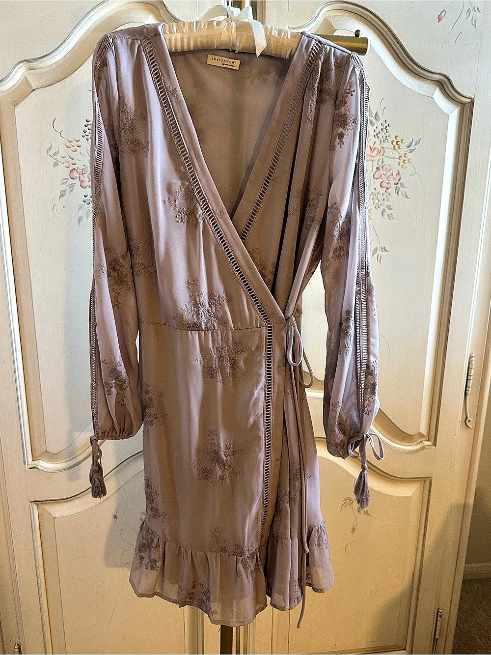 LOVESTITCH Lucille Embroidered Chiffon Wrap Dress Floral Mini Dress in Soft Lave